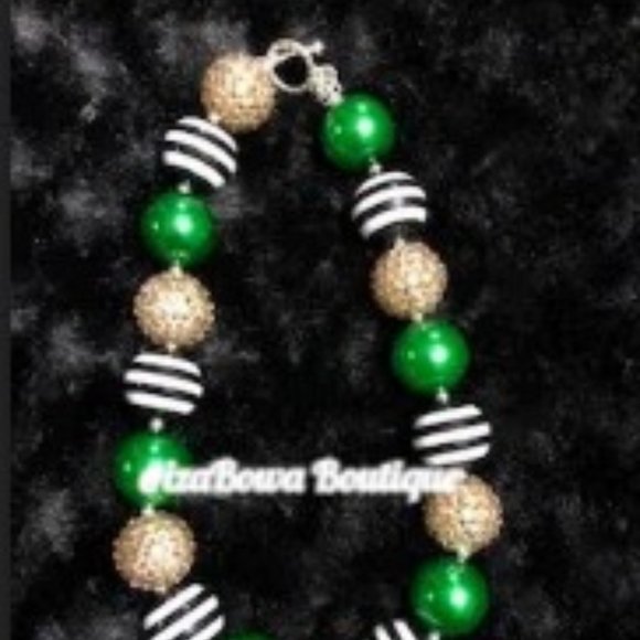 Gold Sparkle, Black Stripped & Green Chunky Bead Necklace HAND CRAFTED